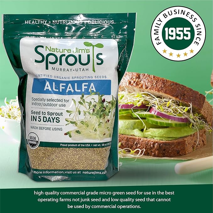Nature Jims Sprouts Alfalfa Seed – 16 Oz Organic Sprouting Seeds – Non-GMO Premium Alfalfa Seeds – Resealable Bag for Longer Freshness – Rich in Vitamins, Minerals, Fiber