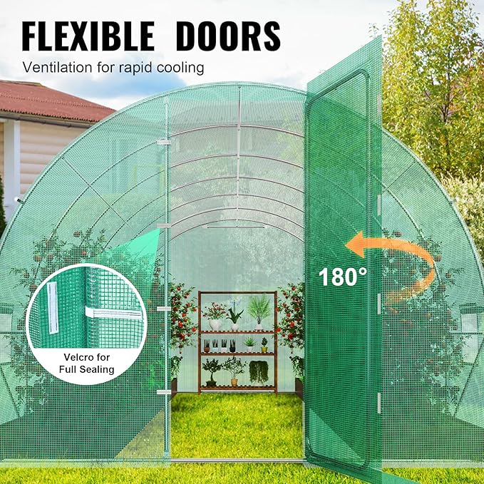 VEVOR Walk-in Tunnel Greenhouse, 27.4x9.5x7.4 ft Hoop House Greenhouse Tunnel, Plant Hot House with Galvanized Steel Frame, Green PE Cover, Swing Door and 16 Roll-up Windows for Outdoor