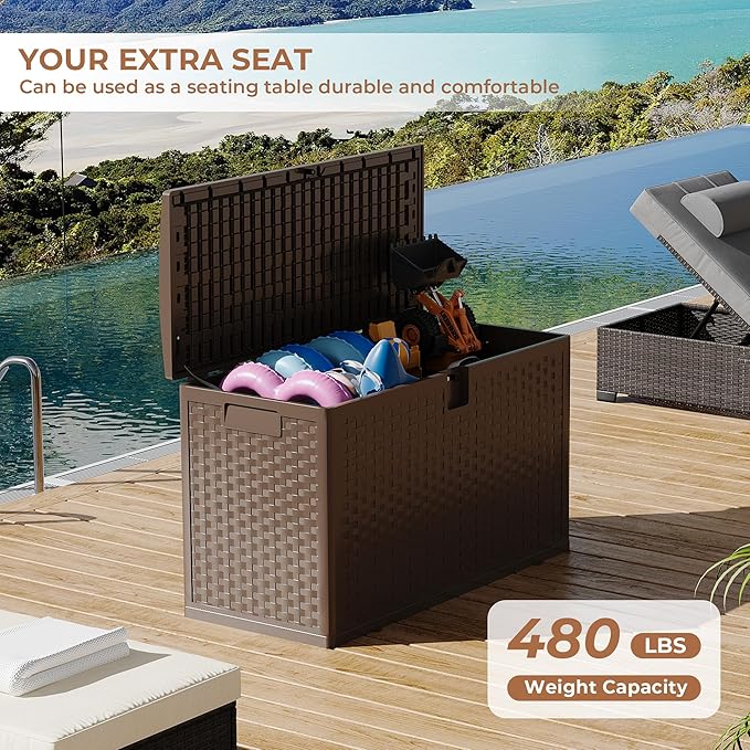 99Gallon Brown Resin Deck Box, Outdoor Storage Box Waterproof Lockable, Patio Deck Box For Package Delivery, Outside Storage Box Container for Furniture Cushions, Garden Tools, Pool Accessories