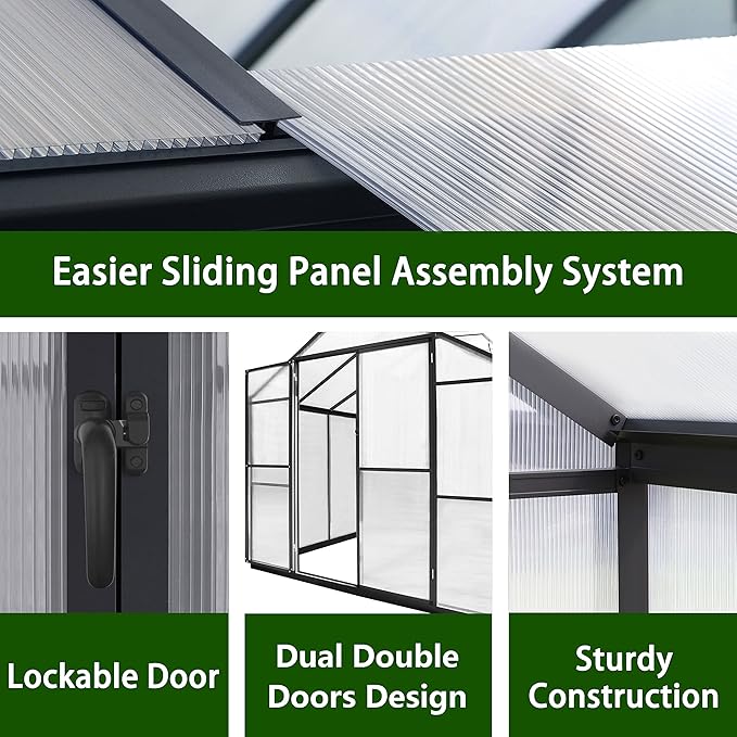 VEIKOU 8' x 16' Polycarbonate Greenhouse for Outdoors, Walk-in Green House with 2 Vents, Aluminum Frame, Riveted Structure, Greenhouse Kit for Outdoor Backyard, Garden, Gray