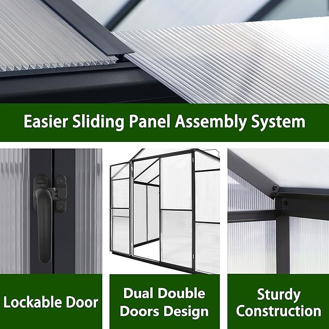 BlueWish 8x12FT Greenhouse for Outdoors, Greenhouses with 2 Adjustable Vents,Aluminum Frame, Heavy Duty Greenhouse Kit with Polycarbonate Panel, Walk-in Green House for Garden, Gray