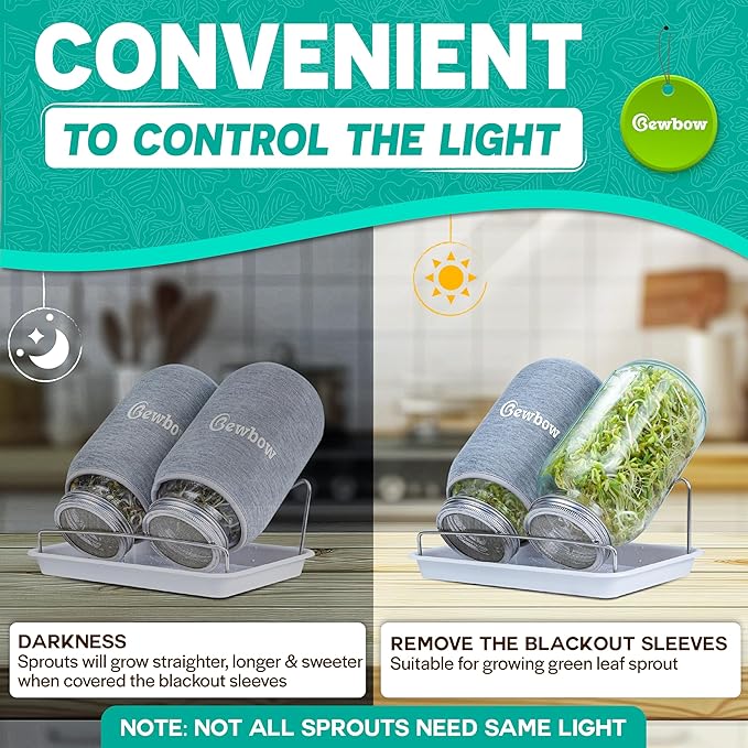 [LARGE SIZE] 2000ml(68oz) Seed Sprouting Mason Jar Kit with Stand,Drain Tray, Screen Lids,Blackout Sleeves,Good Ventilation & Drainage Capacity,Growing Fresh Organic Mung Beans,Broccoli & Microgreens