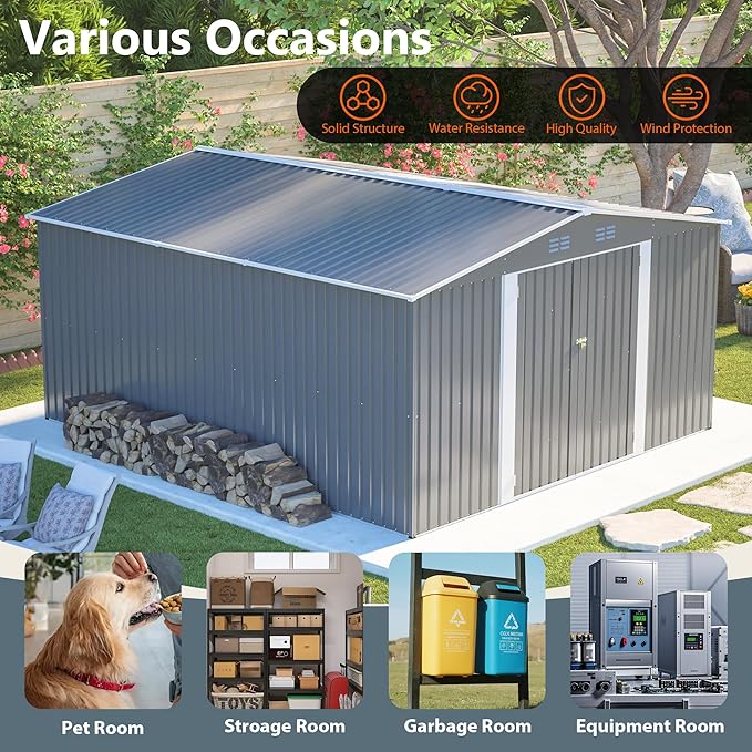 12x14FT Outdoor Storage Shed Metal Shed W/Floor Frame,Garden Tool House W/ 4 Air Vents,Lockable Double Doors & Sloped Roof,for Patio,Lawn,Backyard,Light Gray