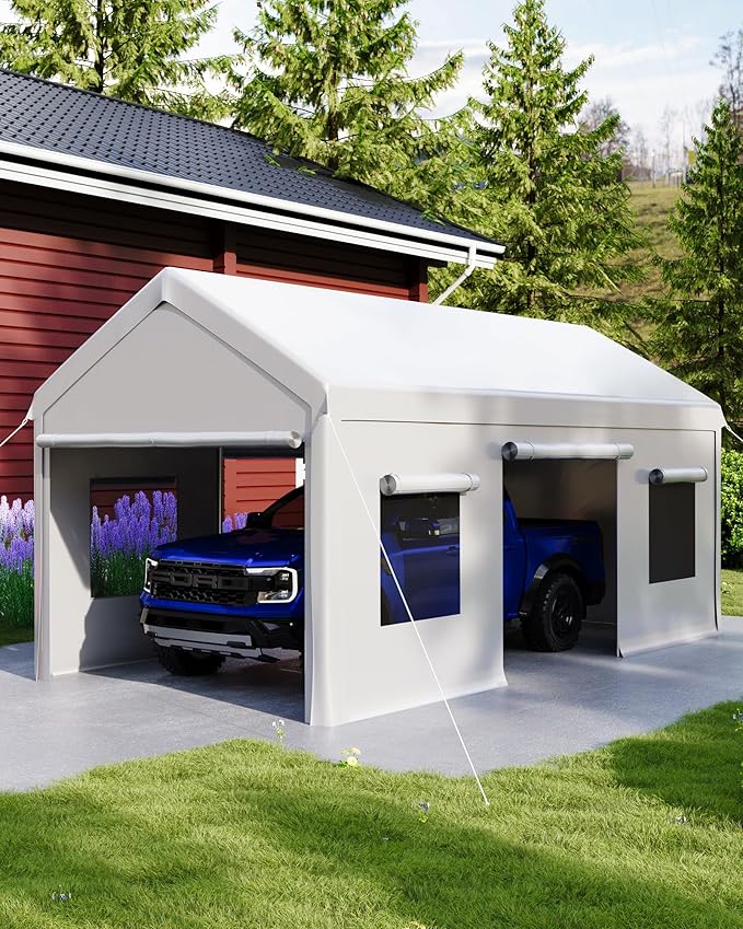 10 x 20FT Heavy Duty Carport with Roll-Up Windows, Portable Garage with Removable Sidewalls & Doors, Portable Car Tent Garage with Roll-Up Windows and All-Season Tarp, for Car, Truck,