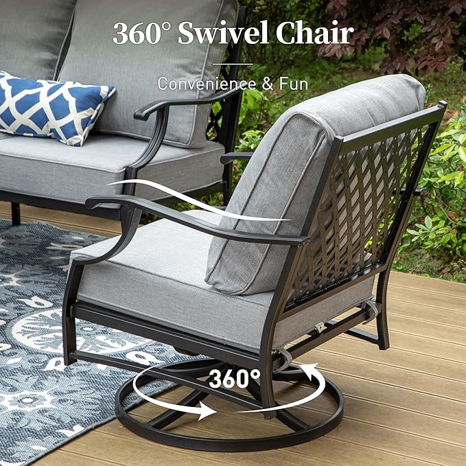 5 Piece Metal Outdoor Patio Furniture Set with Fire Pit Table, Patio Conversation Sets 4 Swivel Chairs with 5.75" Thick Cushion and 5000 BTU Fire Pit Table, Backyard Furniture, Gray