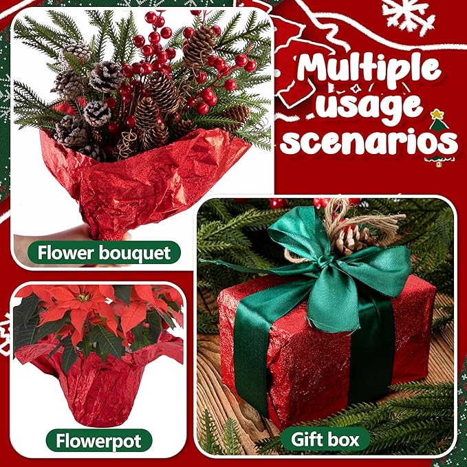 Adnee 10 Yard Floral Foil Plant Pot Covers,Matte Texture Christmas Plant Pot Foil,Red Floral Pot Wrapping Paper for Christmas Home Flower Pot DIY decor