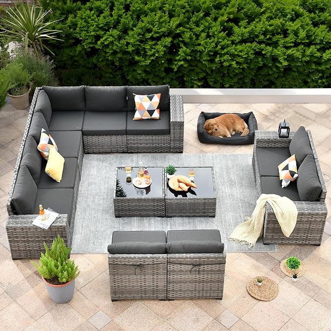 ovios 12 Pieces Patio Furniture Set, Outdoor Wicker Sectional Sofa with Glass Table Comfy Cushions, Modern Modular Deep Seat Couch Rattan Conversation Set, Black
