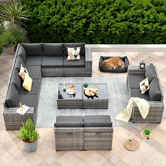 ovios 12 Pieces Patio Furniture Set, Outdoor Wicker Sectional Sofa with Glass Table Comfy Cushions, Modern Modular Deep Seat Couch Rattan Conversation Set, Black