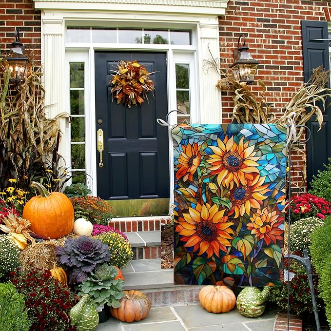 Fall Sunflower Garden Flag 12x18 Double Sided Small Autumn Flags for Outside Thanksgiving Outdoor Flag Stained Glass Floral Yard Flags Fall Porch Lawn Flags Decorative