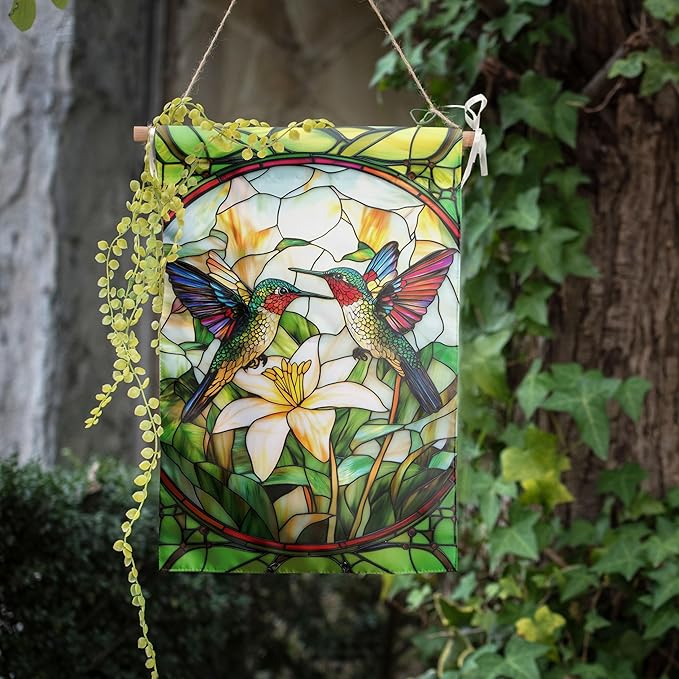 Stained Glass Hummingbird Garden Flags Floral Spring Flag Summer Flower Yard Flags for Outside 12x18 Double Sided Small Outdoor Seasonal Flags for Lawn Porch Patio Decor