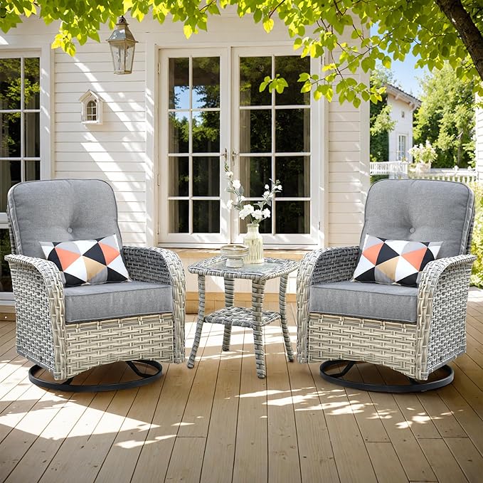 HOOOWOOO Outdoor Patio Bistro Set,3 Pieces Wicker Out Door Swivel Rocking Chair with Matching Side Table,Patio Furniture Sets,Charcoal Gray