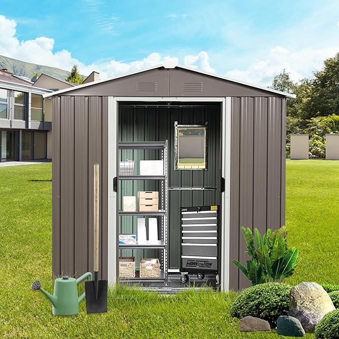 8 x 4 FT Outdoor Storage Shed, Large Metal Utility Garden Shed with Sliding Doors Sliding Doors, Waterproof Sloping Roof, Air Vents, Tool Storage House for Backyard Lawn, Gray