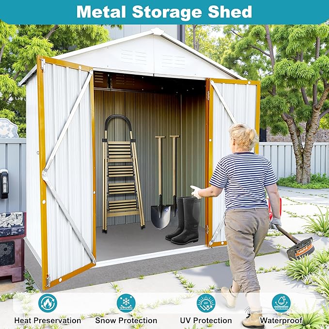 6x4 FT Outdoor Storage Shed, Metal Tool Shed with Lockable Doors, Peaked Roof & Frame Floor, Garden Shed with Vented Design for Backyard Garden Patio Lawn, White+Yellow