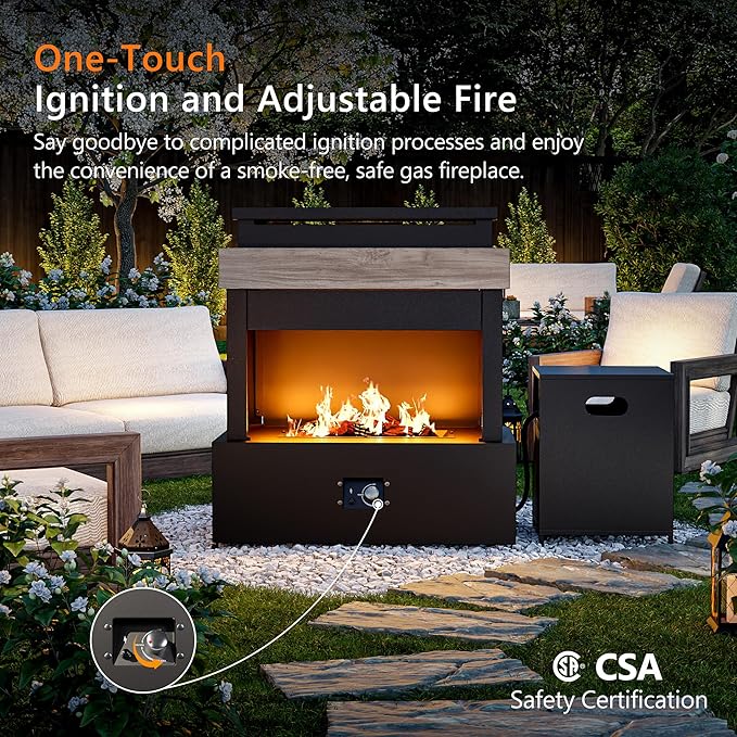 Outdoor Propane Fireplace w Tank Table, 50,000 BTU Gas Fire Pit with Ceramic Logs, Rain Cover, 35 Inch Steel Metal Smokeless Fireplace for Patio, Deck, CSA Certified (35 x 40 Inch)