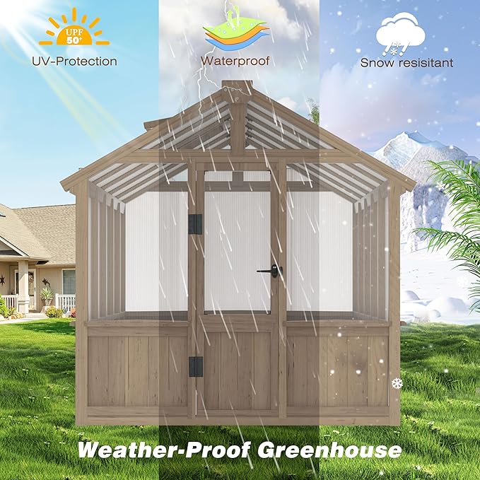 VEIKOU 6' x10' Wood Greenhouse for Outdoors with Lockable Door, Cedar Frame & Adjustable Vent, Wooden Green House with 6MM Thick Polycarbonate Panel for Garden, Yard, Light Brown Mocha