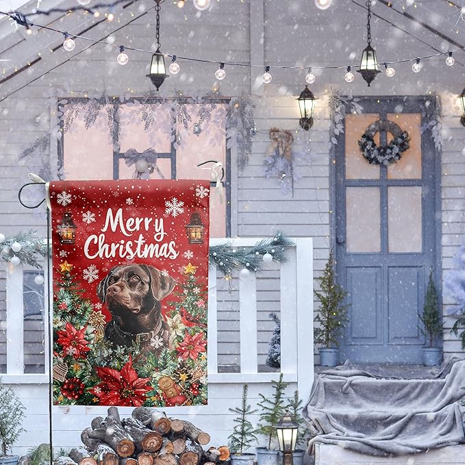 Christmas Chocolate Lab Garden Flag Merry Christmas Labrador Dog Yard Flag for Outside Xmas Flags 12x18 Double Sided Red Poinsettia Garden Flags Winter Porch Outdoor Decor