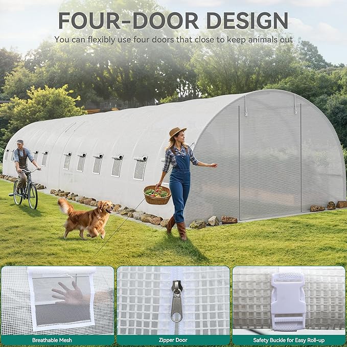 YITAHOME 44x10x7ft Greenhouse Extra Large Heavy Duty 4 Zipper Doors Outdoor Greenhouses 24 Windows Walk in Tunnel Green House Plant Gardening Upgraded Galvanized Steel Frame for Garden, White