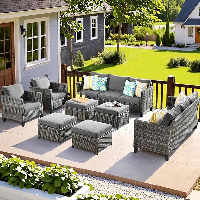 ovios Patio Furniture Set, 8 Pieces Outdoor Wicker Sofa Couch with Chairs, Ottomans and Comfy Cushions, All Weather High Back Rattan Conversation Set, Dark Grey