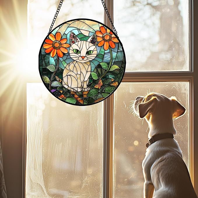 Stained Glass Window Hanging - White Cat Green Plants Orange Flowers Sun Catcher for Door Garden Home Decor Suncatcher Christmas Mother's Day Birthday Gifts for Women Men Mom Nana 9.8 in
