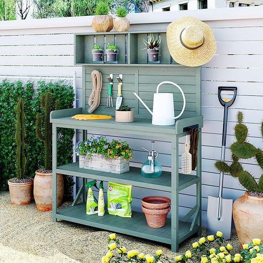 Outdoor Wooden Potting Bench Table – Farmhouse Garden Workstation with Drawers, Cabinet & Storage Shelves, Large Fir Wood Work Table for Patio, Backyard, Mudroom, Greenhouse (Green, 65'' H)