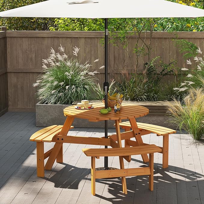 Giantex 6-Person Round Picnic Table Set with 3 Benches, 550 LBS Bench Capacity, 2" Umbrella Hole, Circular Outdoor Wood Dining Table & Chairs for Patio Yard Garden Porch Deck (68”x62”x28”,Yellow)