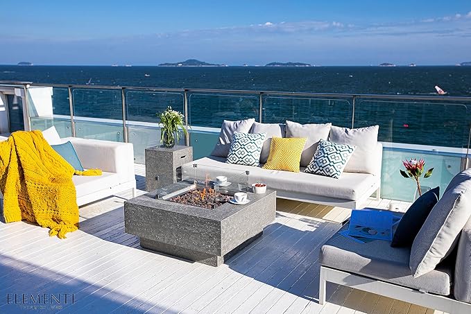 Elementi Manhattan Gas Fire Pit Bundle Concrete Fire Table, Outdoor Fire Pit Electronic Ignition | Canvas Cover, Lava Rock Included | Free AMS Wind Guard | Light Gray (Natural Gas)