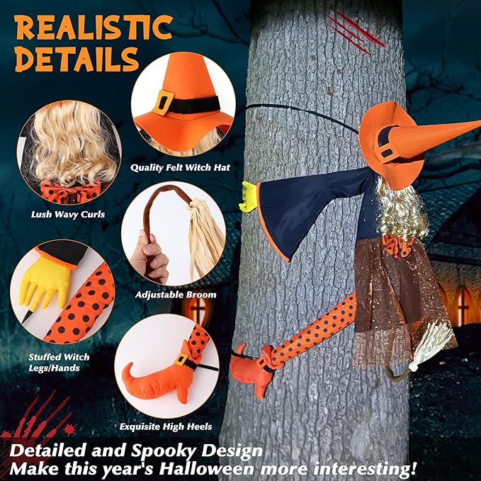 53" Crashing Witch Halloween Decoration – Funny Orange Flying Witch Hanging Prop for Yard, Tree, Porch, Patio, and Fall Outdoor Decor