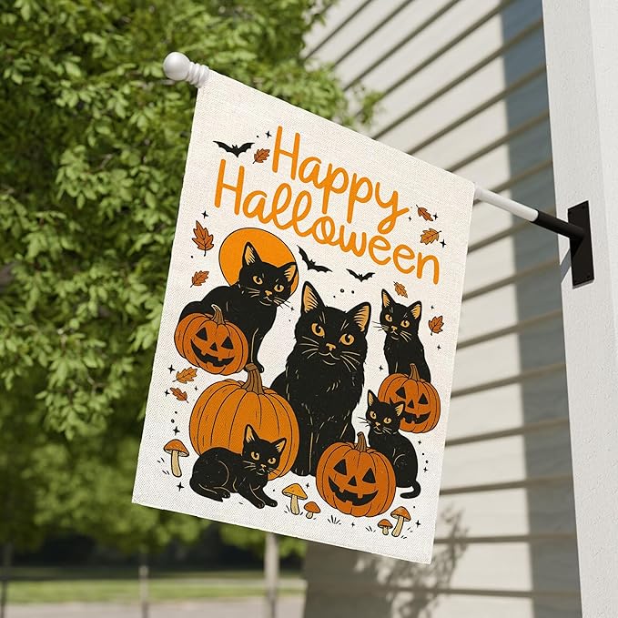 Happy Halloween Garden Flag for Outside, 12x18 Inch Double Sided Halloween Black Cat Pumpkin Yard Flag, Farmhouse Small Yard Flags for Outdoor Decorations, Holiday Decor Gifts-A08