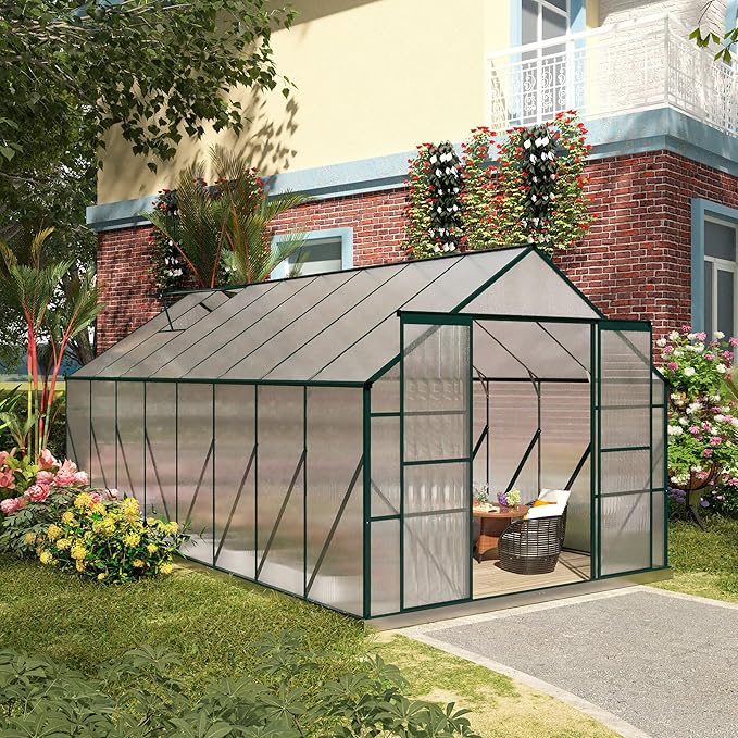 Outsunny 16' x 8' Aluminum Greenhouse Polycarbonate Walk-in Garden Greenhouse Kit with Adjustable Roof Vent, Rain Gutter and Sliding Door for Backyard, Patio, Clear