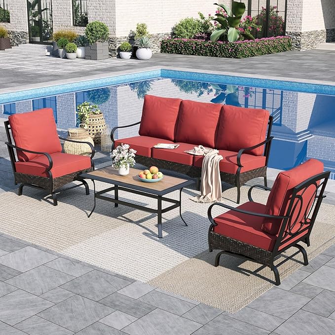 Sophia & William Patio Furniture Set, 4 Piece Metal Outdoor Conversation Set with 3-Seater Outdoor Couch, 2 Sofa Chairs, 1 Coffee Table for Outdoor Seating, Backyard, Porch(Red)