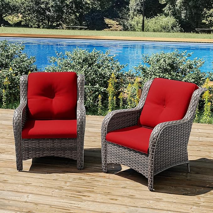 Joyside Outdoor Wicker Chair Rattan Patio Dining Chairs Set of 2 PE Wicker Patio Chairs with 4inch Seat Cushions Outdoor Patio Seating Chair for Garden, Backyard Swimming Pool, Balcony(Mixed Grey/Red)