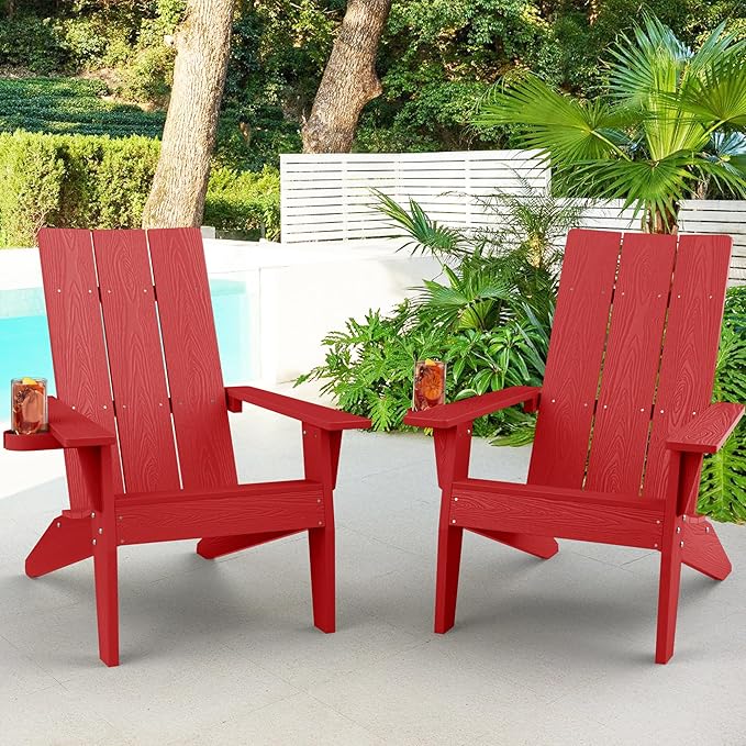 MXIMU Adirondack Chair Set of 2: Modern Adirondack Chairs Fire Pit Chairs Plastic Outdoor Chairs for Lawn Backyard Deck Garden Camping (Red)
