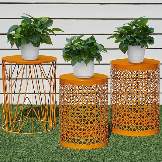 Y&M Set of 3 Stacking Coffee Table for Living Room, Patio Side Table, Indoor End Tables for Bedroom, Outdoor Decorative Garden Stool with Heavy Duty Metal Frame Modern Industrial Decor - Orange