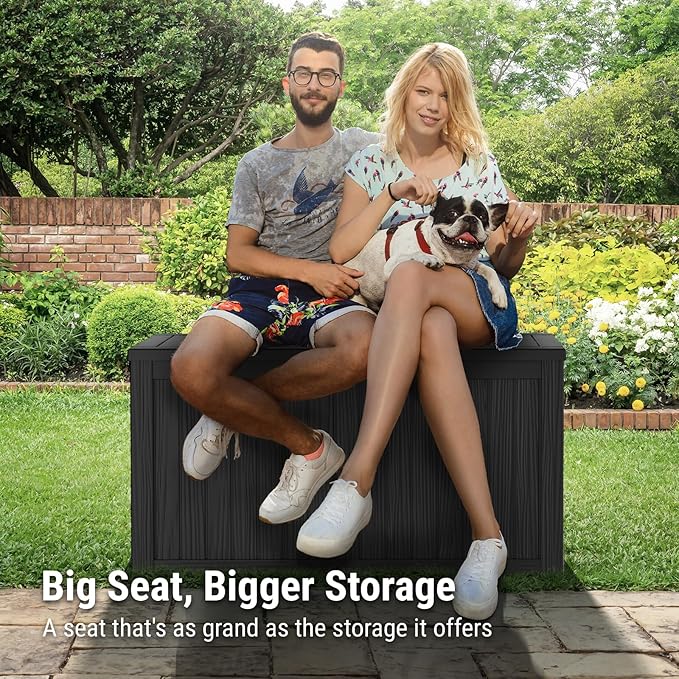 Mars Villa Deck Box, Waterproof and Weatherproof Large Resin Storage Bin with Lockable Lid, Ideal for, Outdoor, Patio Furniture Cushions, Pool Supplies, Garden Tools (150 Gallon, Black)