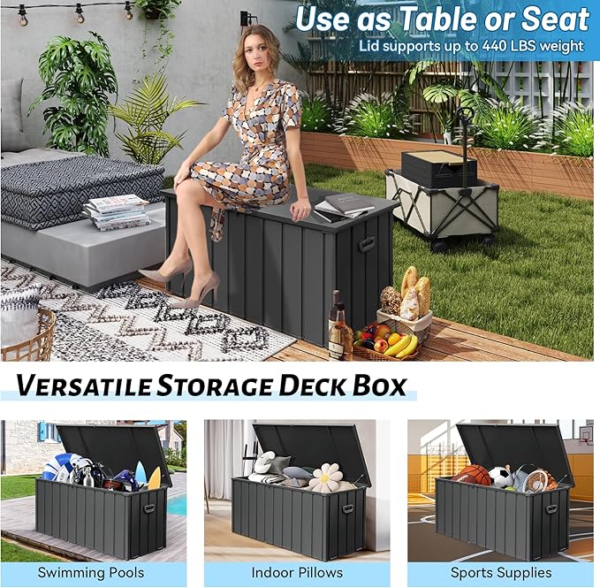 160 Gallon Outdoor Storage Deck Box Made of Galvanized Steel, Waterproof All Weather Outside Storage Bench UV-Resistant on Wheel, Lockable Package Delivery Box for Porch, Cushion, Tools, Grey
