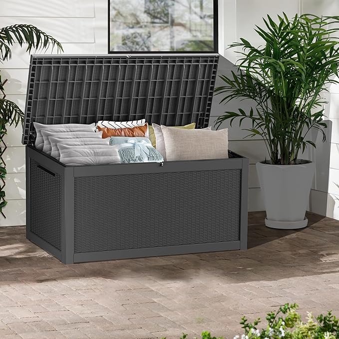 320 Gallon Waterproof Black Deck Box, Lockable Resin Storage Box for Patio Furniture Cushions Garden Tools and Outdoor Delivery Storage