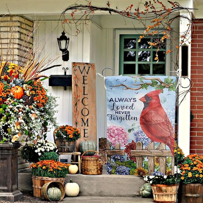 Red Bird Garden Flag Memorial Flags for Cemetery Flags Grave Decorations Remberance Day Flag 12x18 Double Sided Gravesite Saying Always Loved Never Forgotten