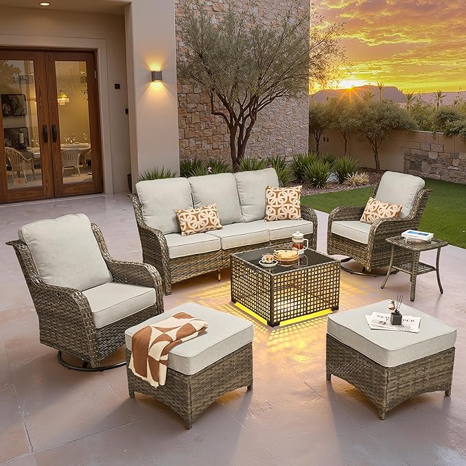 ovios 7 Pieces Patio Furniture Set, Outdoor Wicker Sofa Couch with Swivel Chairs Solar Lights Table, All Weather High Back Modern Conversation Sets, Grey Rattan, Grey