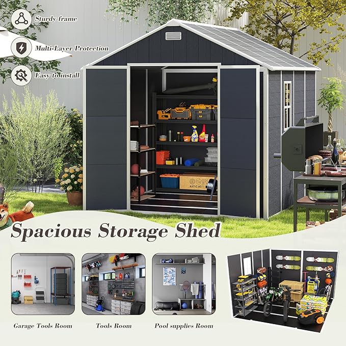 Outdoor Storage Shed 8x8 FT, Resin Shed with Floor & Window, Lockable Door, Vents, Outside Sheds & Garden Shed for Patio Furniture, Gardening Tools, Pool Equipment (Dark Gray, 8 * 8ft)