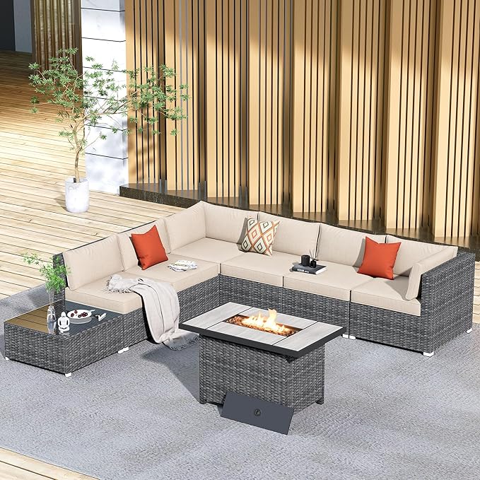 HOOOWOOO 8 Piece Patio Sectional Furniture Set with Fire Pit Table,Modern Wicker Outdoor Conversation Sofa Sets,Weather Resistant Modular L Shaped Outside Couch Set(Beige)