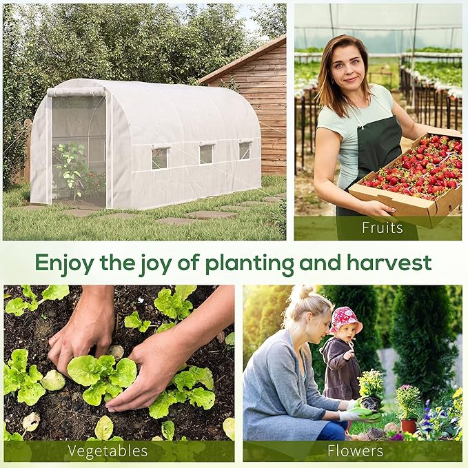 Outsunny 15' x 7' x 7' Walk-in Tunnel Greenhouse, Large Heavy Duty Garden Hot Green House Kit with 6 Roll-up Windows & Roll Up Door, Steel Frame for Garden Plants, White
