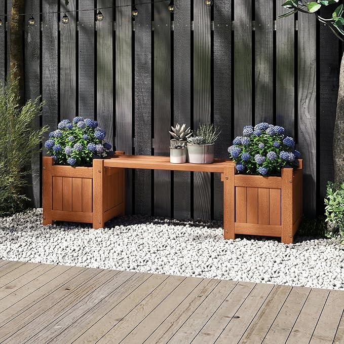 Giantex 2-in-1 Outdoor Bench with 4 Planter Boxes, Wood with Teak Oil Finish, Raised Garden Beds with Open-Ended Base, Garden Bench Seat for Porch Balcony Lawn Yard, DIY Assembly, 42"x11"x11.5"