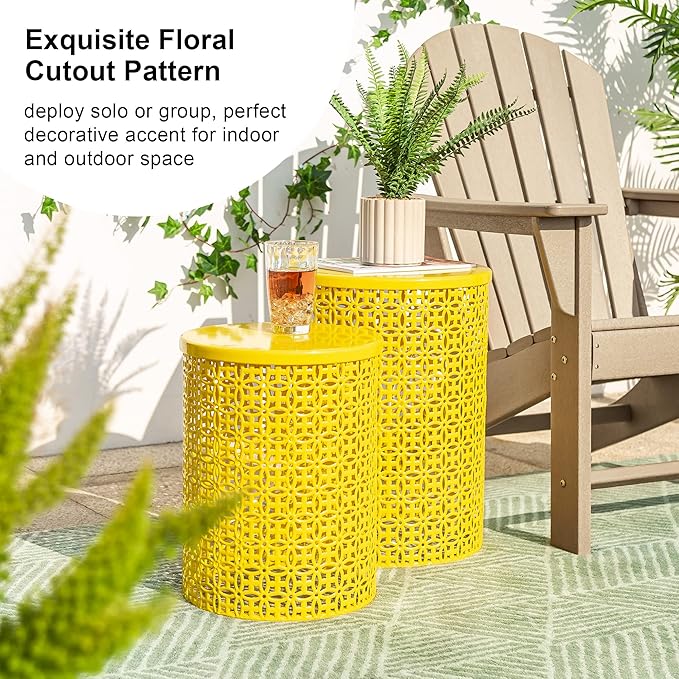 Glitzhome Outdoor Side Table Set of 2, Decorative Garden Stool for Indoor Outdoor Heavy Duty Metal Frame Accent Table Modern End Table, Glossy Yellow