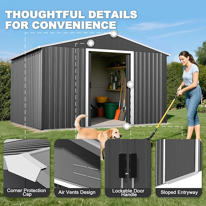 Nuu Garden 8 x 10 FT Outdoor Storage Shed with Sliding Doors, Galvanized Sheet Tool Shed with Sloping Roof, Anti-Corrosion Garden Shed with Air Vents for Backyard Patio Lawn, Black