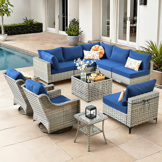 HOOOWOOO Outdoor Patio Furniture Set,10 Pieces Wicker Out Door Sectional Furniture L Shaped Couch,Patio Conversation Sets with Swivel Rocking Chair LED Table,Navy Blue