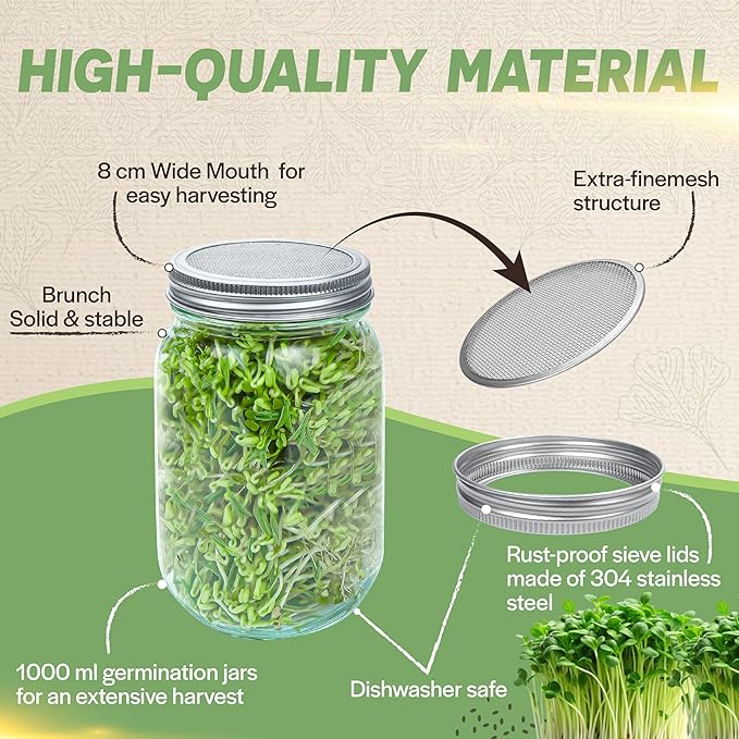 [Premium] Seed Sprouting Jar Kit with Bamboo Holder, 2 PCS Mason Jars, Drain Tray, Screen Lids, Blackout Sleeves, Good Ventilation & Drainage Capacity, Growing Fresh Organic Mung Beans & Microgreens