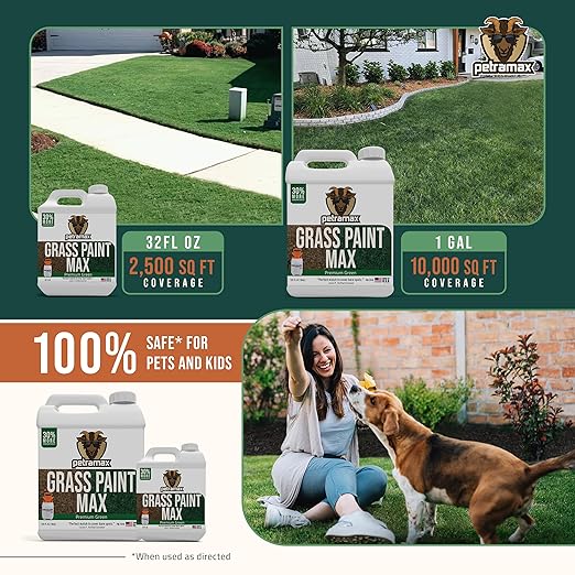 PetraMax Max Grass Paint for Lawn - Maintain Perfect Green Grass, Spray for Lawn & Shrubs Green Spray, Paint Pair with Petra Sprayers - Touch up Dog Spots - Non-Toxic Safe for Pets (Premium, 32 oz)