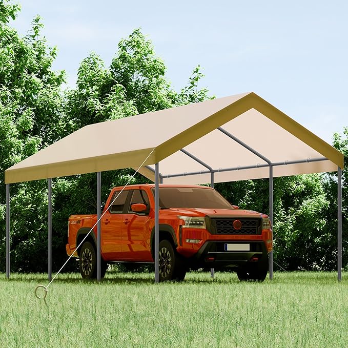 Shintenchi 10x20ft Heavy Duty Carport with UV Resistant Canopy, Powder-Coated Steel Frame, Easy to Assemble Portable Garage, Stable Carport for Car, Bike, Camp, Outdoor Storage (Khaki)