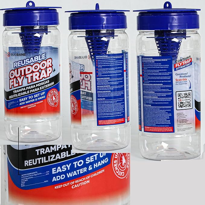 Fly Traps Outdoor Fly Trap for Patio with 2 Non-Toxic Dissolvable Bait Refills. Reusable Hanging Bug Catcher Killer for All Filth Flies for Outside Bug Control Yard Ranch. Hanging Chains Included