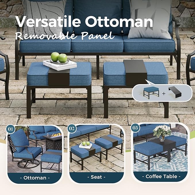 Patio Furniture Set 5 pcs, Outdoor Patio Furniture, 3-Seat Sofa, 2 Swivel Chairs, 2 Ottomans and 5.75" Extra Thick Cushion, Conversation Set for Backyard Deck,Gemstone Blue